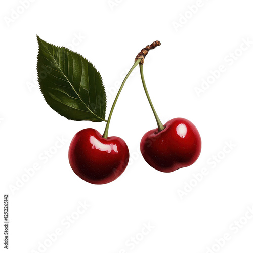 Fresh red cherries with a vibrant green leaf on a smooth background in a detailed close up view, Cherrys with Stem and Leaf