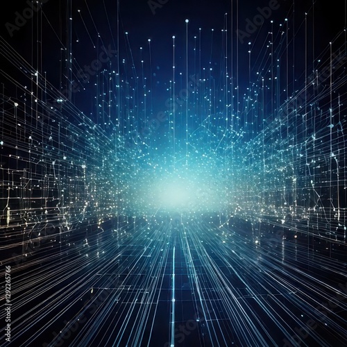 Futuristic digital background with glowing neural network connections and data transfer nodes
