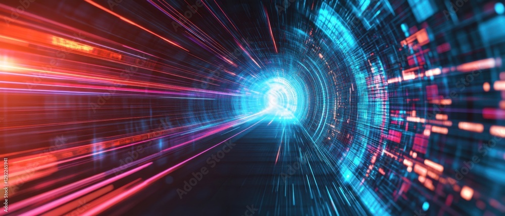 Abstract data stream tunnel with glowing light trails in blue and red, representing digital transformation, high speed internet, and future technology Abstract data stream tunnel with glowing light trails in blue and red, representing digital transformation, high speed internet, and future technology