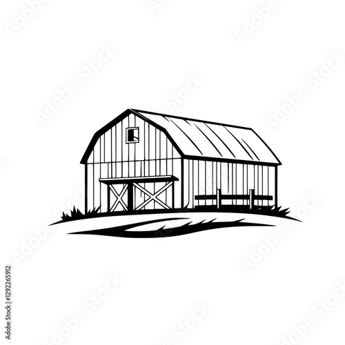 Black-and-white minimalist farm illustration of a barn on grassy hill.