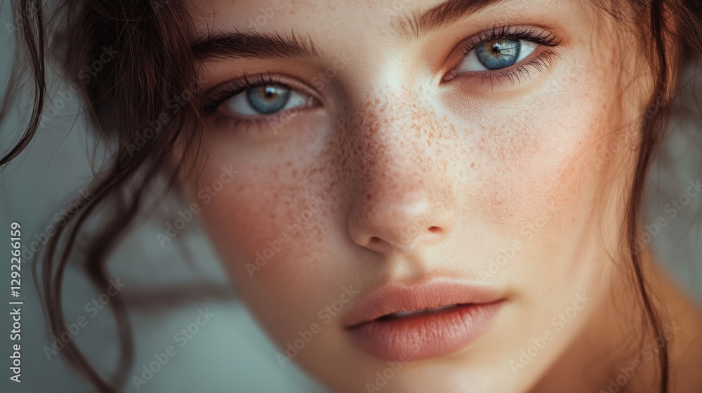 Close up portrait of a woman with perfect skin and captivating blue eyes in soft natural light. Generative AI Close up portrait of a woman with perfect skin and captivating blue eyes in soft natural light. Generative AI