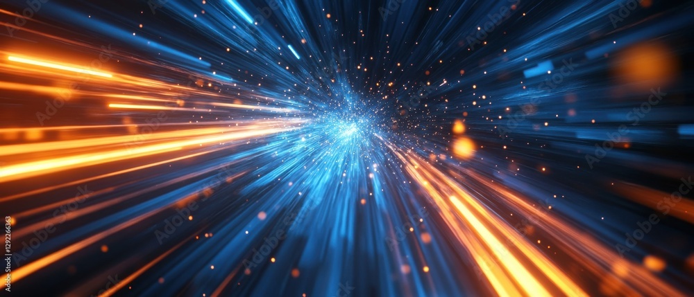 Abstract blue and orange light streaks with bokeh effect, representing high speed data transfer, technology innovation, and futuristic energy Abstract blue and orange light streaks with bokeh effect, representing high speed data transfer, technology innovation, and futuristic energy