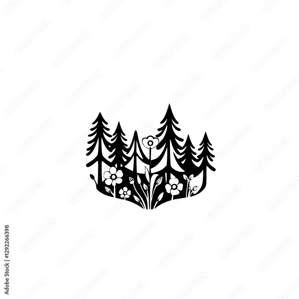 Fototapeta premium Black and White Stylized Illustration of Pine Forest and Wildflowers