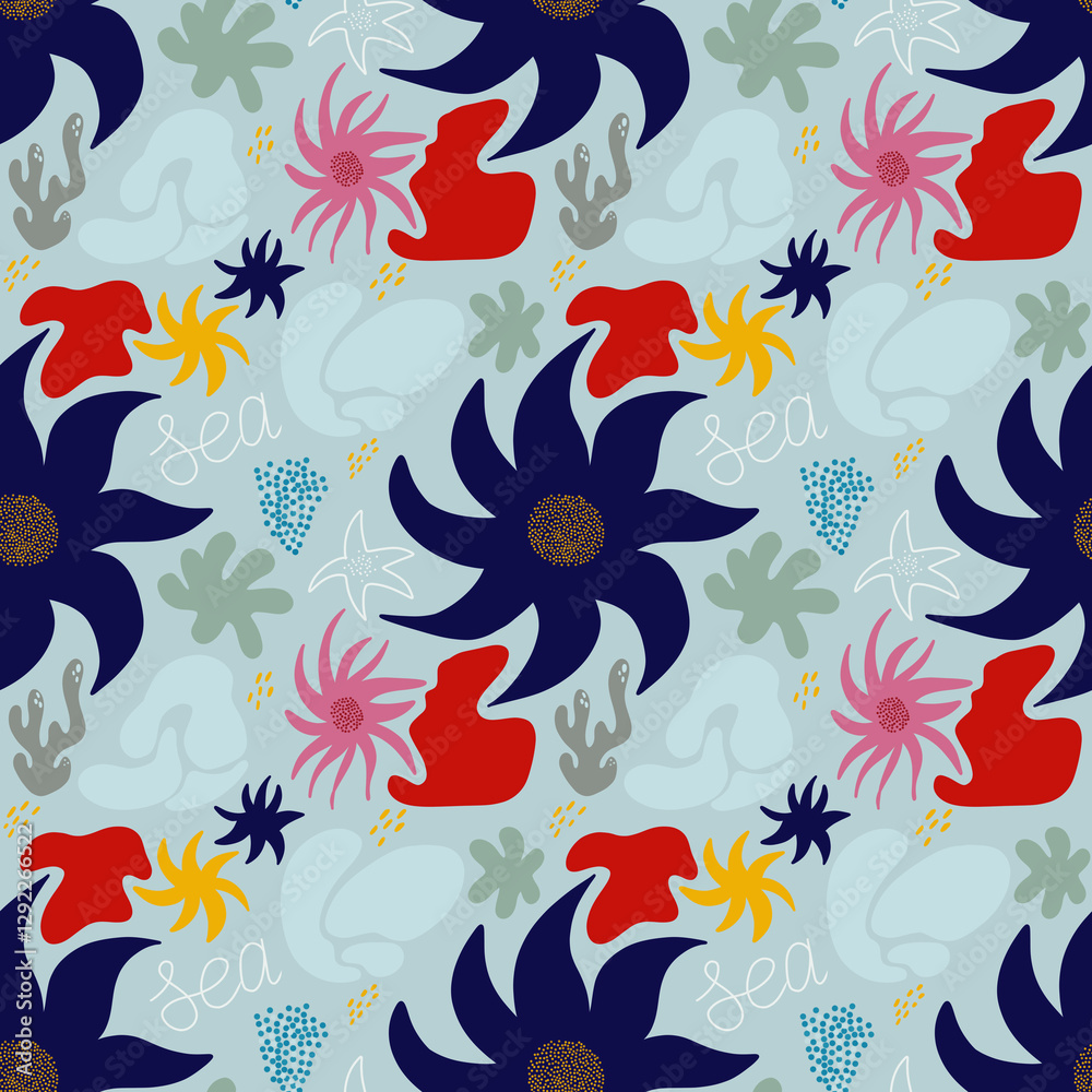 Seamless marine-themed pattern with abstract sea flowers, corals, and ocean-inspired elements. Features bold blue, red, pink, and yellow shapes on a light background. Perfect for textiles, wallpapers, Seamless marine-themed pattern with abstract sea flowers, corals, and ocean-inspired elements. Features bold blue, red, pink, and yellow shapes on a light background. Perfect for textiles, wallpapers,