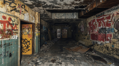 Decayed hallway in an abandoned building with graffiti-covered walls, peeling paint, and scattered debris on the floor photo