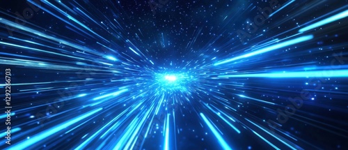 Abstract blue light speed motion background with glowing trails and stars, concept of hyperspace travel, data stream, and futuristic technology