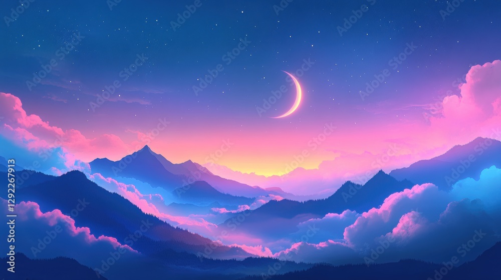 A celestial scene with a crescent moon shining over misty mountains, while glowing clouds hover in the night sky. A celestial scene with a crescent moon shining over misty mountains, while glowing clouds hover in the night sky.