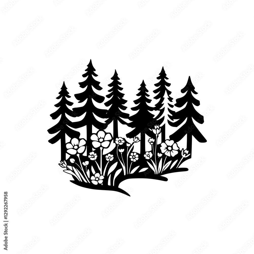 Obraz premium Forest, Tree, Flower, Silhouette, Black and White, Nature, Fir Trees, Meadow, Flowerbed, Nature, Flower Silhouette, Pine Trees, Nature,