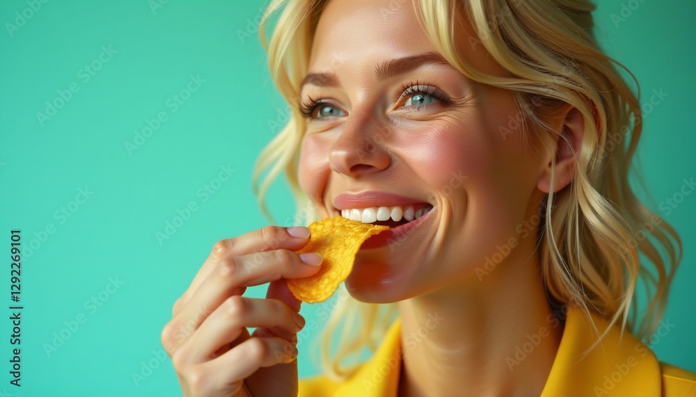 Blonde eats chips, smiles, enjoys the taste Blonde eats chips, smiles, enjoys the taste