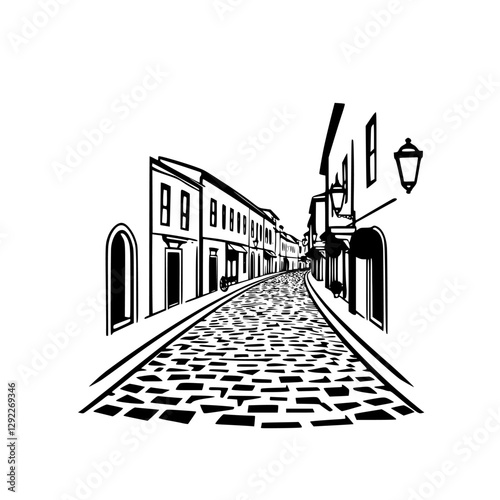 Black and white ink illustration of a cobblestone street, depicting a perspective view of a narrow street with buildings, lanterns and curved walls.