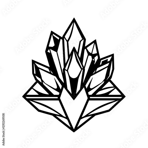 Stylized Black Crystal Formation on White Background, Crystal-Shaped Geometric Line Art.