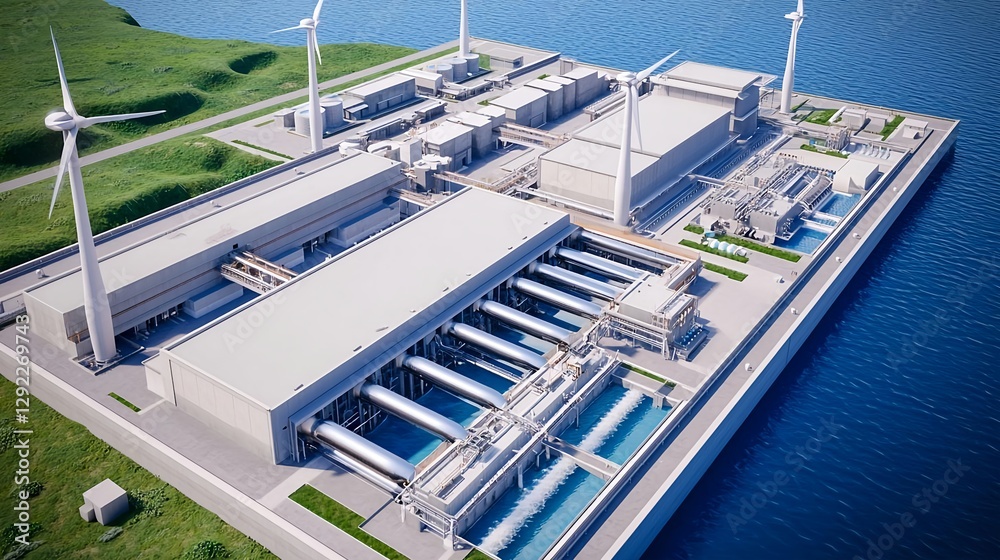 Fototapeta premium Aerial-view-of-modern-renewable-energy-facility-with-wind-turbines-and-water-purification-systems-on-a-serene-waterfront-landscape