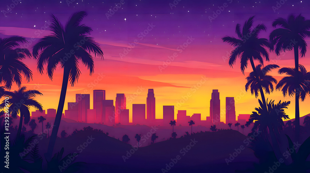 Naklejka premium Los Angeles Sunset Skyline: Vibrant Cityscape at Dusk