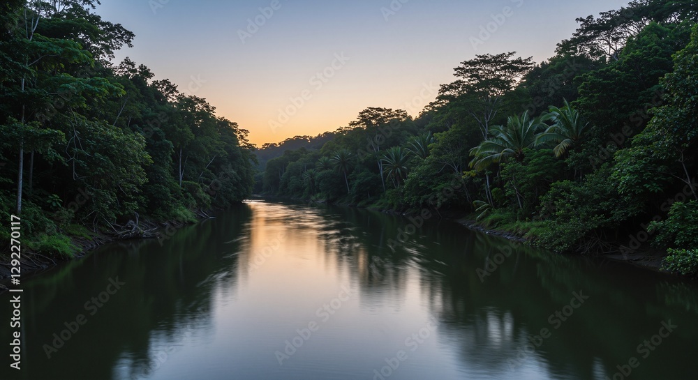 Sunset over tranquil river reflecting lush green rainforest foliage Sunset over tranquil river reflecting lush green rainforest foliage