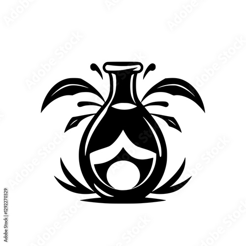 An elegant black and white stylized artwork of a vase, with decorative leaves.