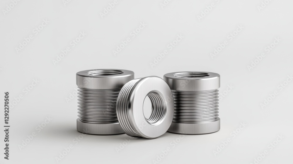 Three metallic screw nuts arranged on a plain background showcasing their threaded design and smooth finish Three metallic screw nuts arranged on a plain background showcasing their threaded design and smooth finish
