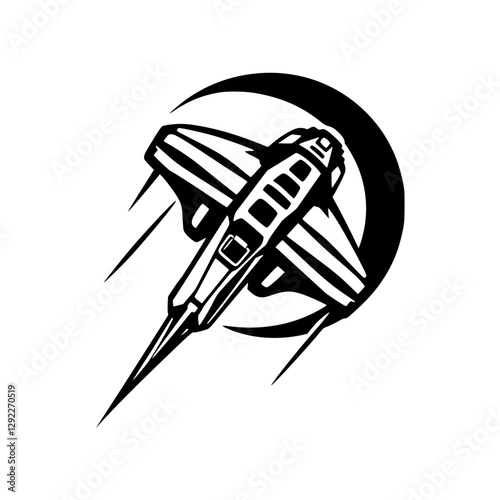 A sleek black and white minimalist illustration of a spaceship, jet, or aircraft against a crescent moon background.