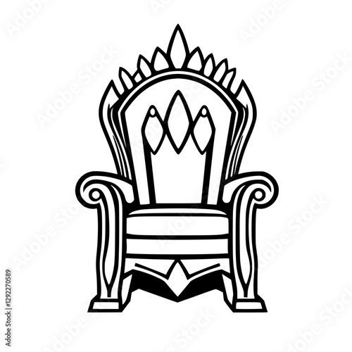 Majestic Throne: An ornate black and white illustration of a throne with a royal crown on the back. The throne is a front-on view.