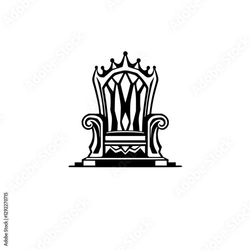 A black and white illustration of a royal throne, the focus is on the chair in the center of the image.