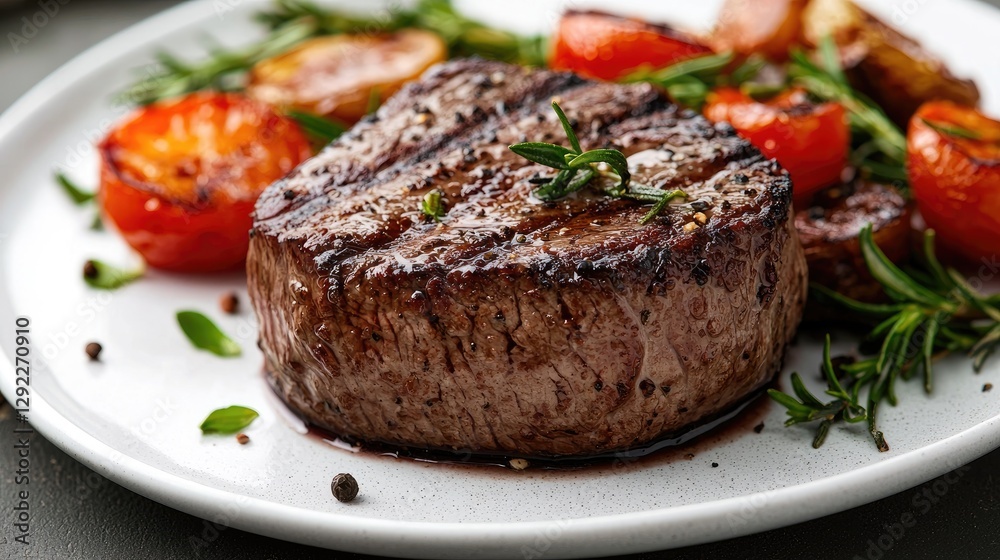Grilled Steak with Roasted Vegetables on Plate Grilled Steak with Roasted Vegetables on Plate