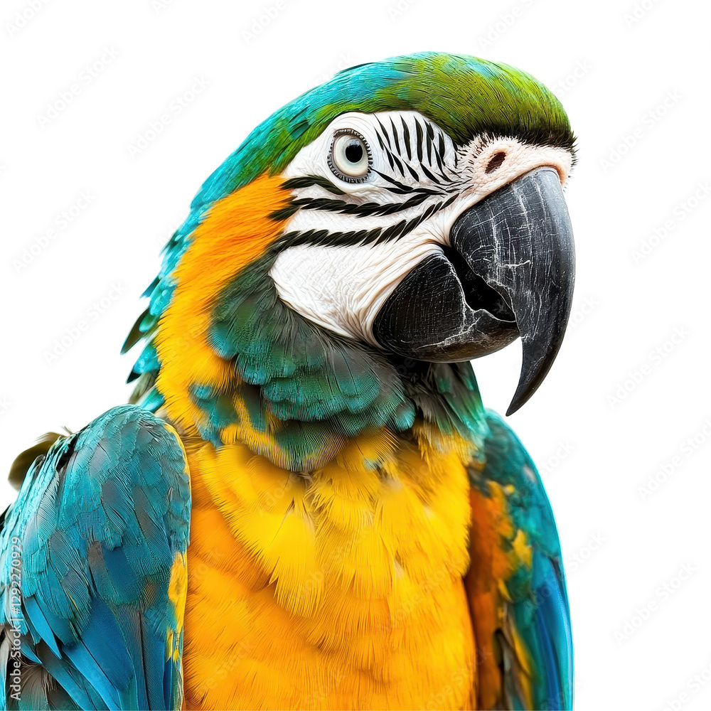 Fototapeta premium Closeup view of a vibrant parrot displaying colorful feathers on a Transparent background, Closeup view a parrot isolated on a isolated on PNG background