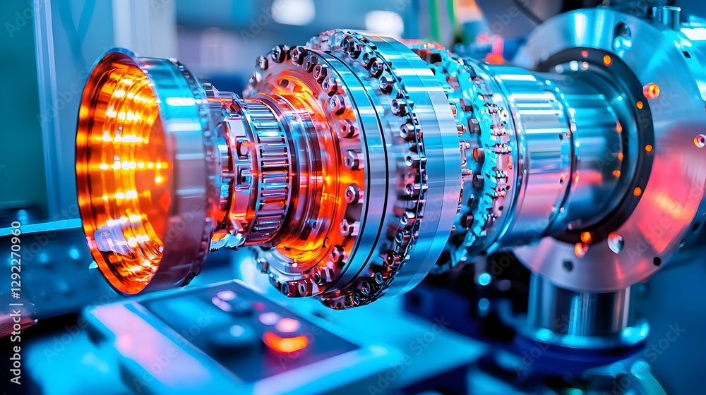 Obraz premium Close-Up-View-of-Advanced-Turbine-Engine-Component-with-Glowing-Lights-in-High-Tech-Laboratory-Environment