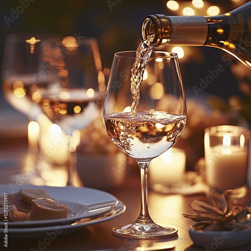 Micro view of white wine dripping from a bottle into a glass