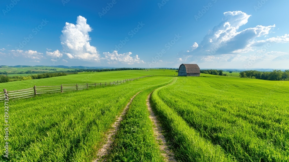 Naklejka premium Rural landscape barn, green field, sunny day, winding road