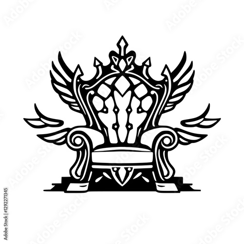 Majestic Winged Throne: Black silhouette of a ceremonial throne, intricate details, set against a white background.