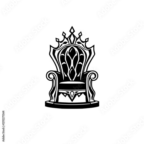 Ornate black and white illustration of a throne chair with a crown motif on white background.