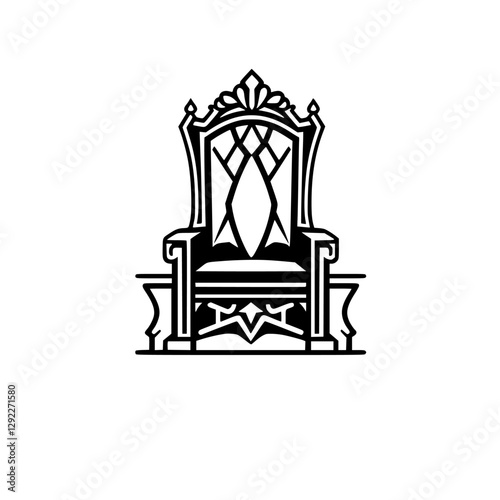 Royal Throne in Black and White: Ornate illustration of a regal throne set on a white background.