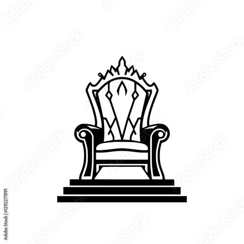 Black and white illustration of a detailed throne with a crown, symbolizing power and royalty, set against a white background.