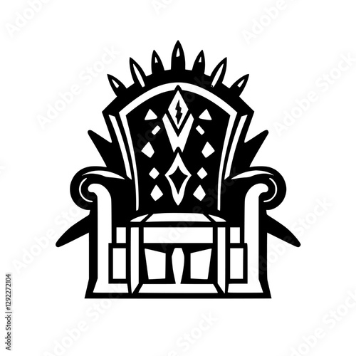 Intricate black and white ink drawing of a stylized throne with spiky detail, in a minimalist and graphic style.
