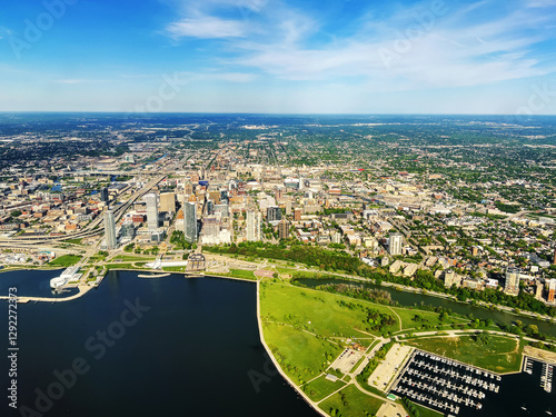 Aerial shot. Buildings in downtown Milwaukee.