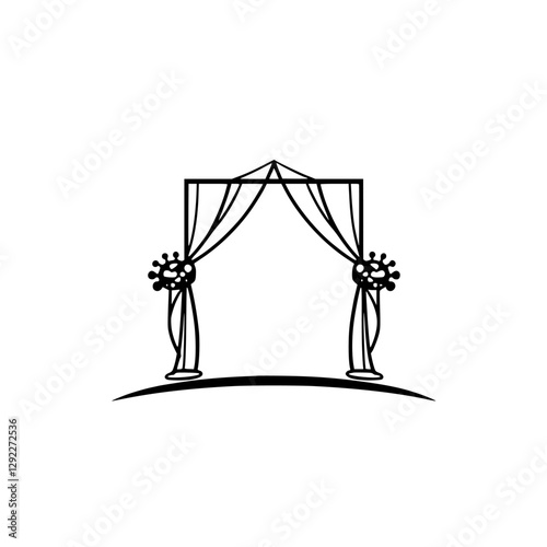 Wedding arch with floral decorations and draping curtains, minimal illustration on a white background.