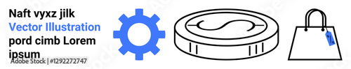Blue gear, coin with dollar sign, and shopping bag represent financial transactions, market, and production processes. Ideal for business, e-commerce, finance, economy trade marketing