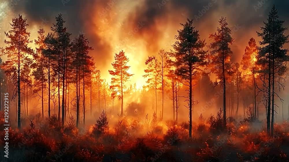 Fiery Sunset in a Misty Pine Forest
