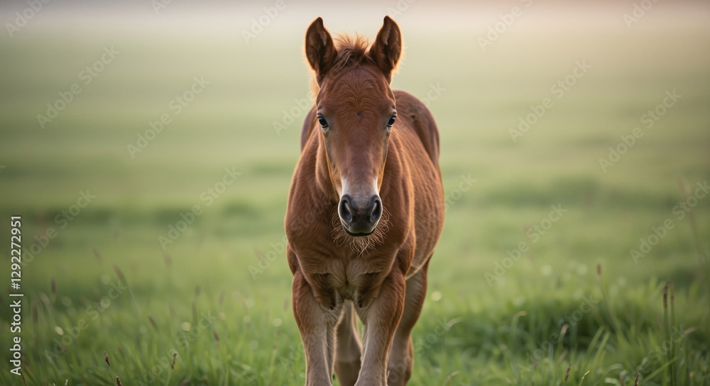 Obraz premium Young brown foal displaying curiosity and playfulness in a lush green pasture under soft morning light