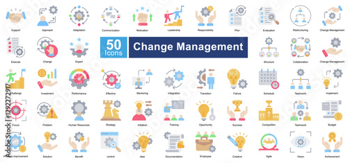 A set of 50 change management icons representing leadership, teamwork, strategy, adaptation, and growth. Perfect for business, corporate training, and organizational development projects.