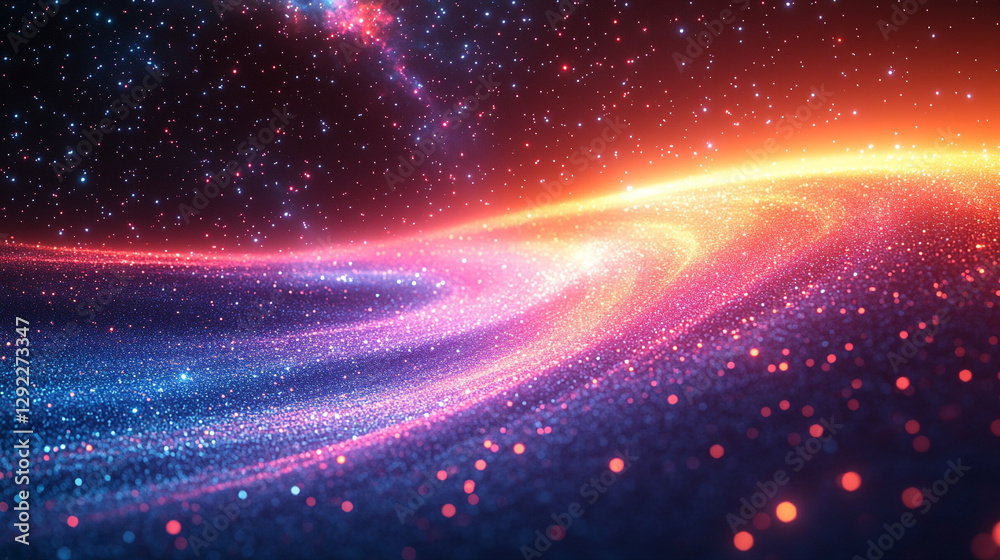 Obraz premium A dynamic blend of blue, red, yellow, and purple light streaks, set against a sparkling starfield, symbolizing high-speed space travel or hyperspace in a modern, futuristic context