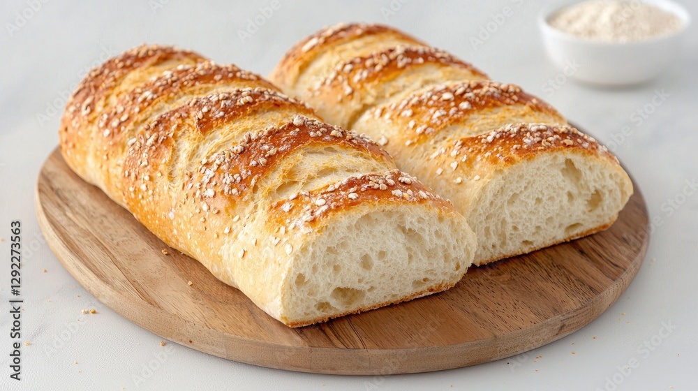 Freshly baked bread loaf on cutting board Freshly baked bread loaf on cutting board