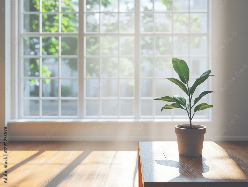Fototapeta premium A potted green plant in sunlight by a window.