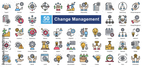A set of 50 change management icons representing leadership, teamwork, strategy, adaptation, and growth. Perfect for business, corporate training, and organizational development projects.
