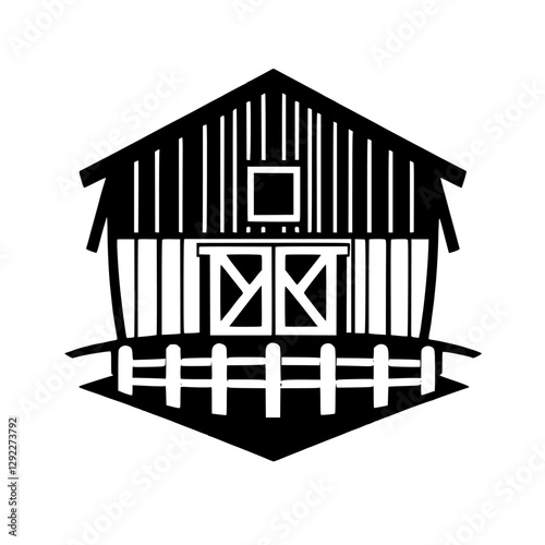 Silhouetted rustic farmhouse barn, black and white illustration, minimalist design, with picket fence, minimalist.