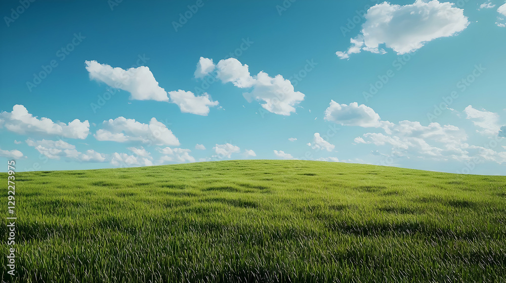 Fototapeta premium Green Field Hill Under Blue Sky with Clouds