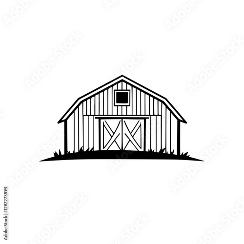 Outline of Barn with Grass and Doors, minimalist barn design, simple illustration of a barn, black and white.