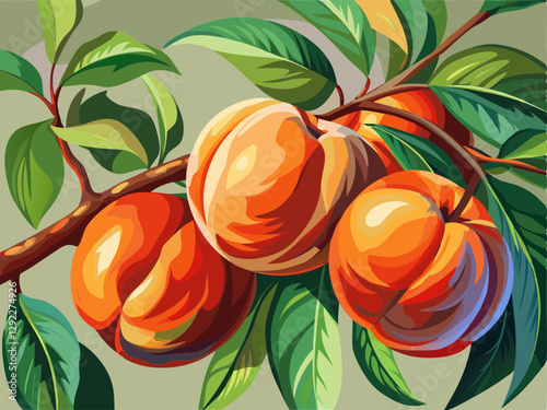 vector of  beautiful ripe peaches on a branch. Selective focus