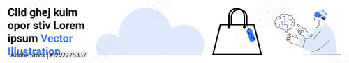 Cloud storage icon, shopping bag with tag, person in goggles interacting with virtual brain. Ideal for e-commerce, cloud computing, virtual reality, digital technology, innovation, AI flat landing