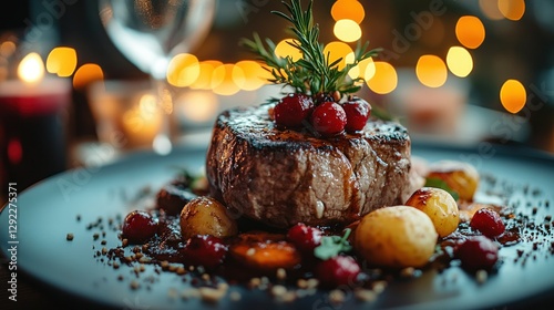 Romantic Dinner Steak with Cranberries, Restaurant Ambiance photo