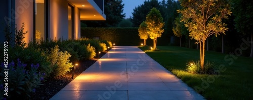 Sleek LED pathway lights illuminate modern patio , landscape, ambient lighting, spot lights